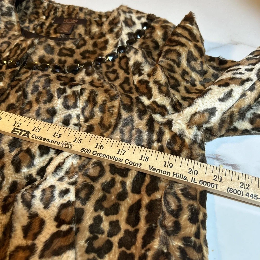 Victor Alfaro Sz 12P Faux Leopard Fur 3/4 Sleeve Cropped Jeweled Neck Lined‎